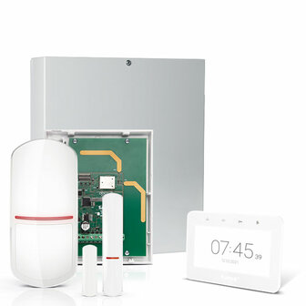 INTEGRA 32 RF pack met wit INT-TSG2 4.3&quot; touchscreen bediendeel, IP module, RF module, draadloze multifunctionele detector en PIR