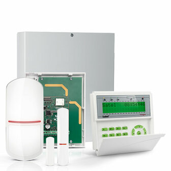 INTEGRA 32 RF pack met groen LCD bediendeel, IP module, RF module, multifunctionele detector en PIR
